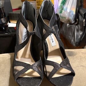 Nina Black Glitter Open-Toe Strappy Heels